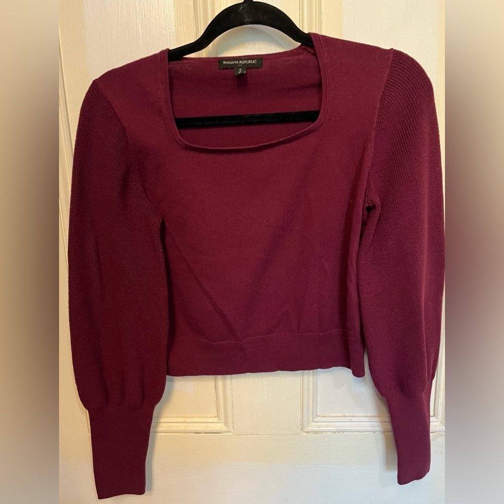 Banana Republic Long Puff Sleeve Burgundy Square Neck Crop Sweater Small - Picture 1 of 9